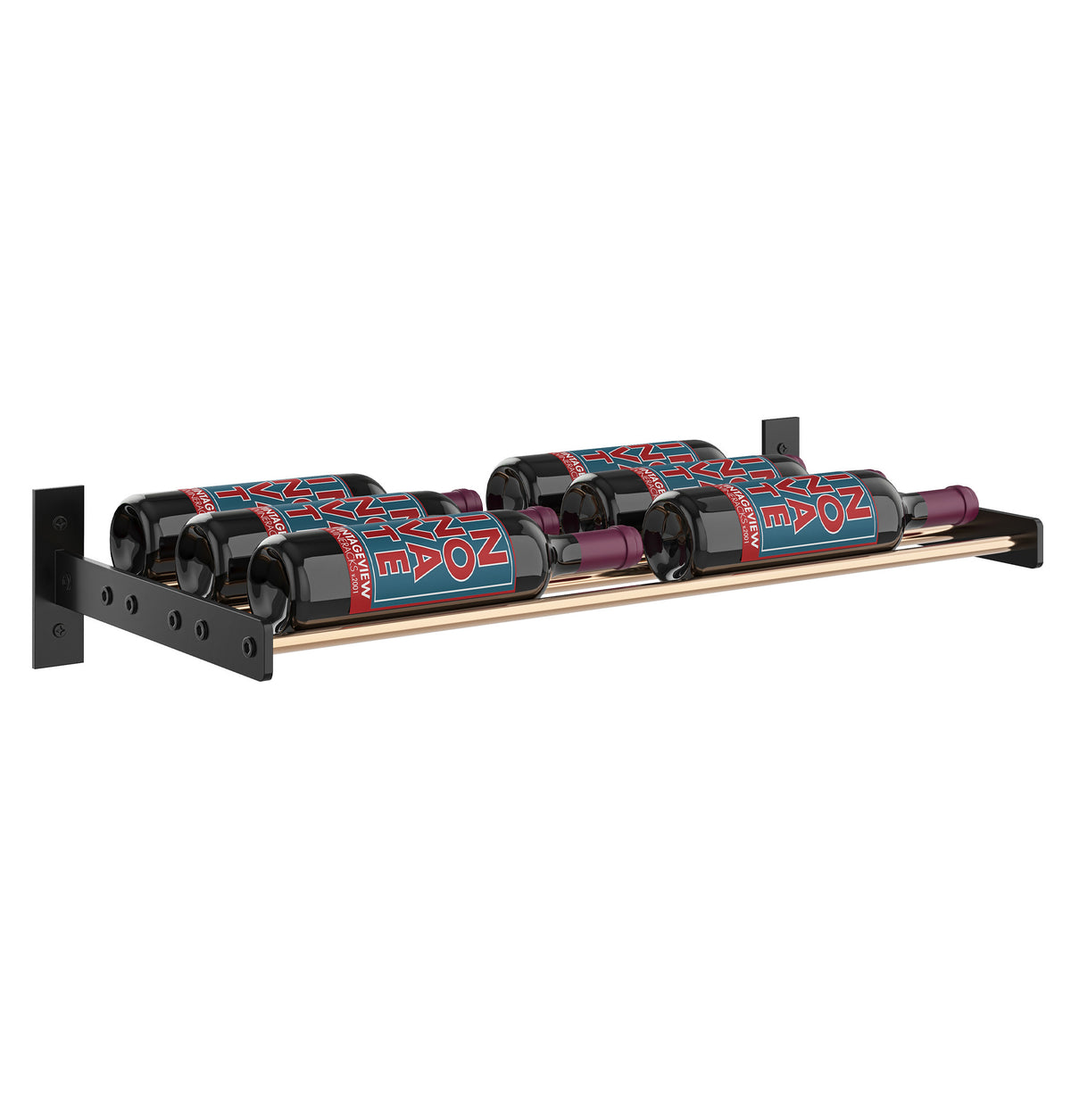 Two-bottle wall wine rack with black frame, clear glass bottle holders on wood-tone shelf