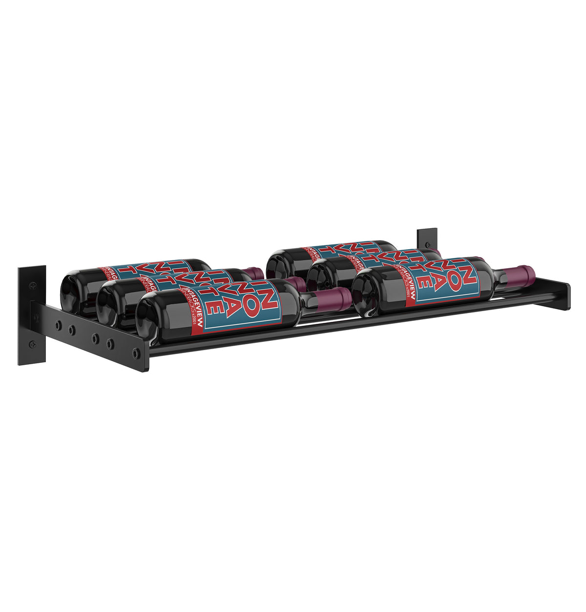 Wall-mounted two-bottle wine rack, black frame with two bottle holders and end caps