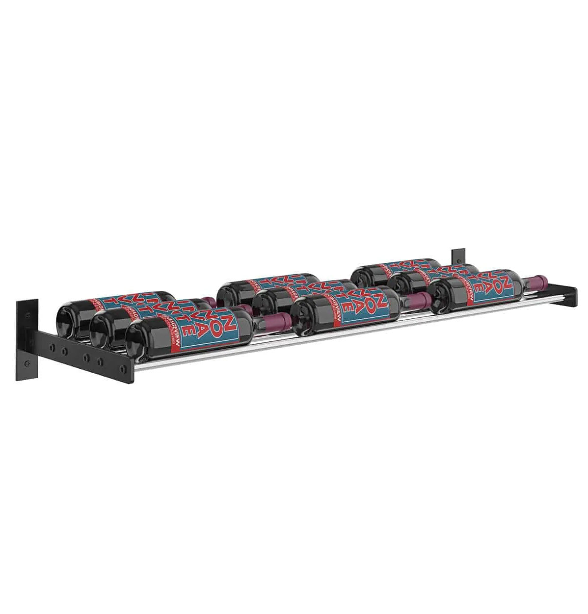 Wall-mounted 3-column wine bottle rack angled view with black circular cradle holders