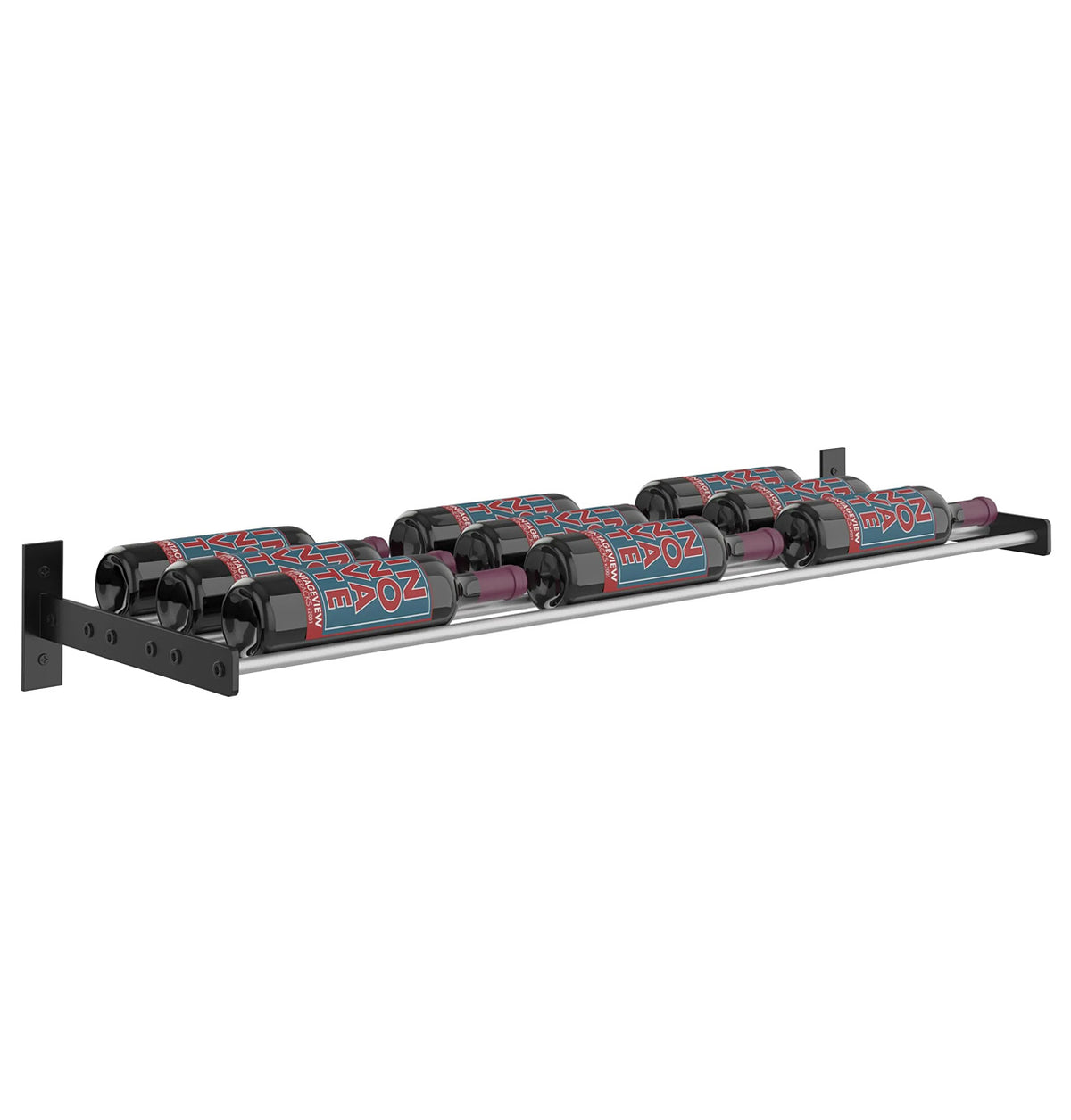 Wall-mounted 3-column wine bottle rack with black and red patterned bottle cradles