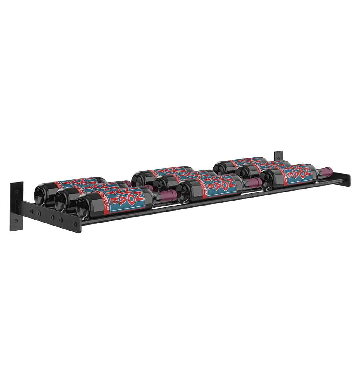 Wall-mounted 3-column wine bottle rack with multiple bottle cradles and patterned sleeves