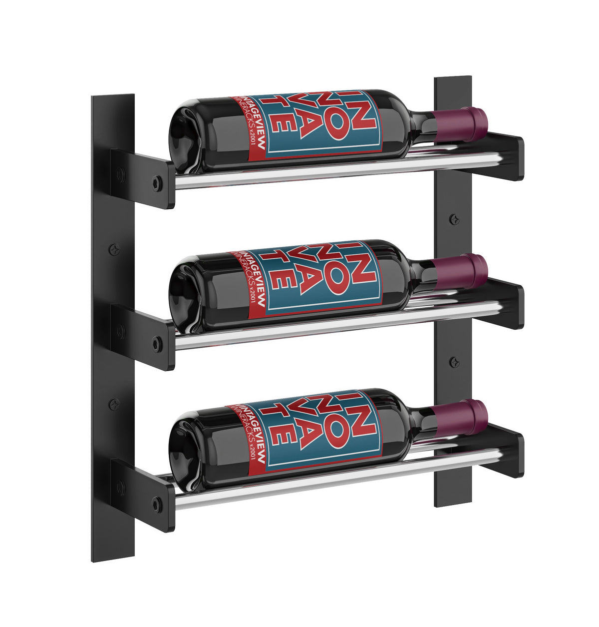 Black wall wine rack with three wine bottles on light wood-toned shelves