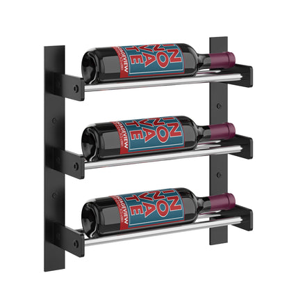 Black wall wine rack with three wine bottles on light wood-toned shelves