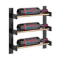 Black wall wine bottle rack holding three bottles with maroon bottle necks