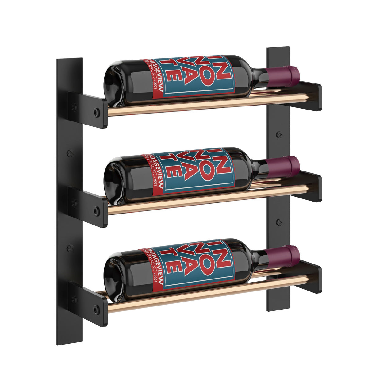 Black wall wine bottle rack holding three bottles with maroon bottle necks