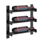 Black wall-mounted wine bottle rack with three bottles on three horizontal bars