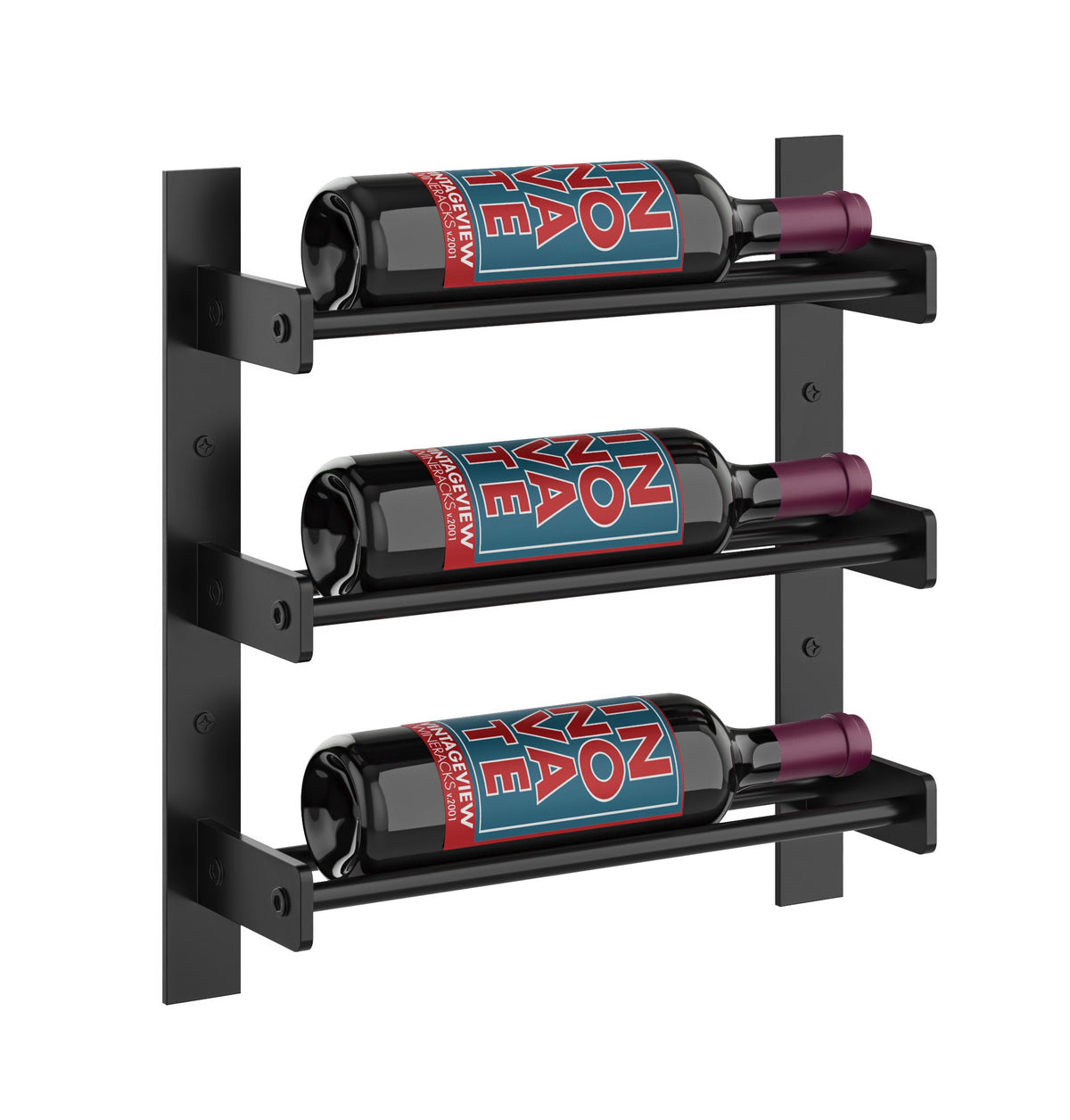 Black wall-mounted wine bottle rack with three bottles on three horizontal bars