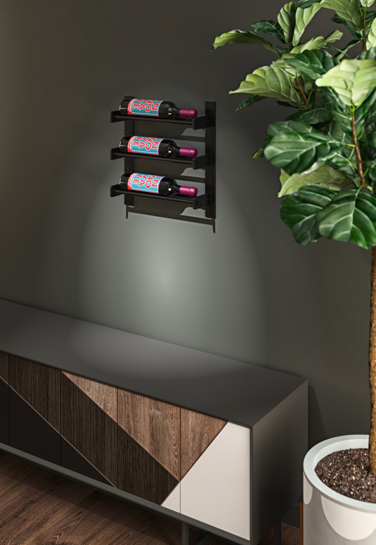 Wall wine bottle rack with three bottles above a console and potted plant
