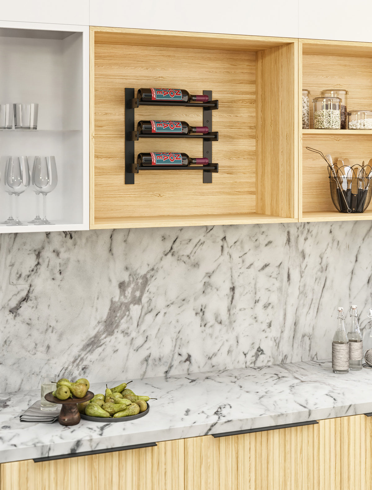 Wood cabinet wine rack wall with three bottles displayed on black shelf brackets