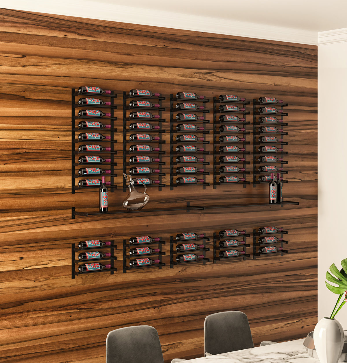 Wall-mounted wine bottle rack with multiple rows of bottles in a black frame
