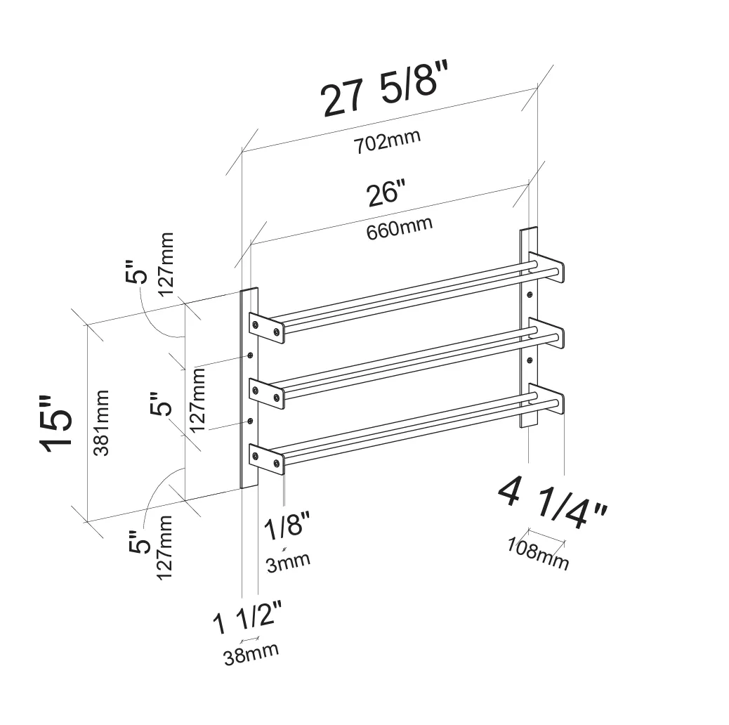 Wine bottle wall rack dimensions diagram showing 15-inch height and measurements