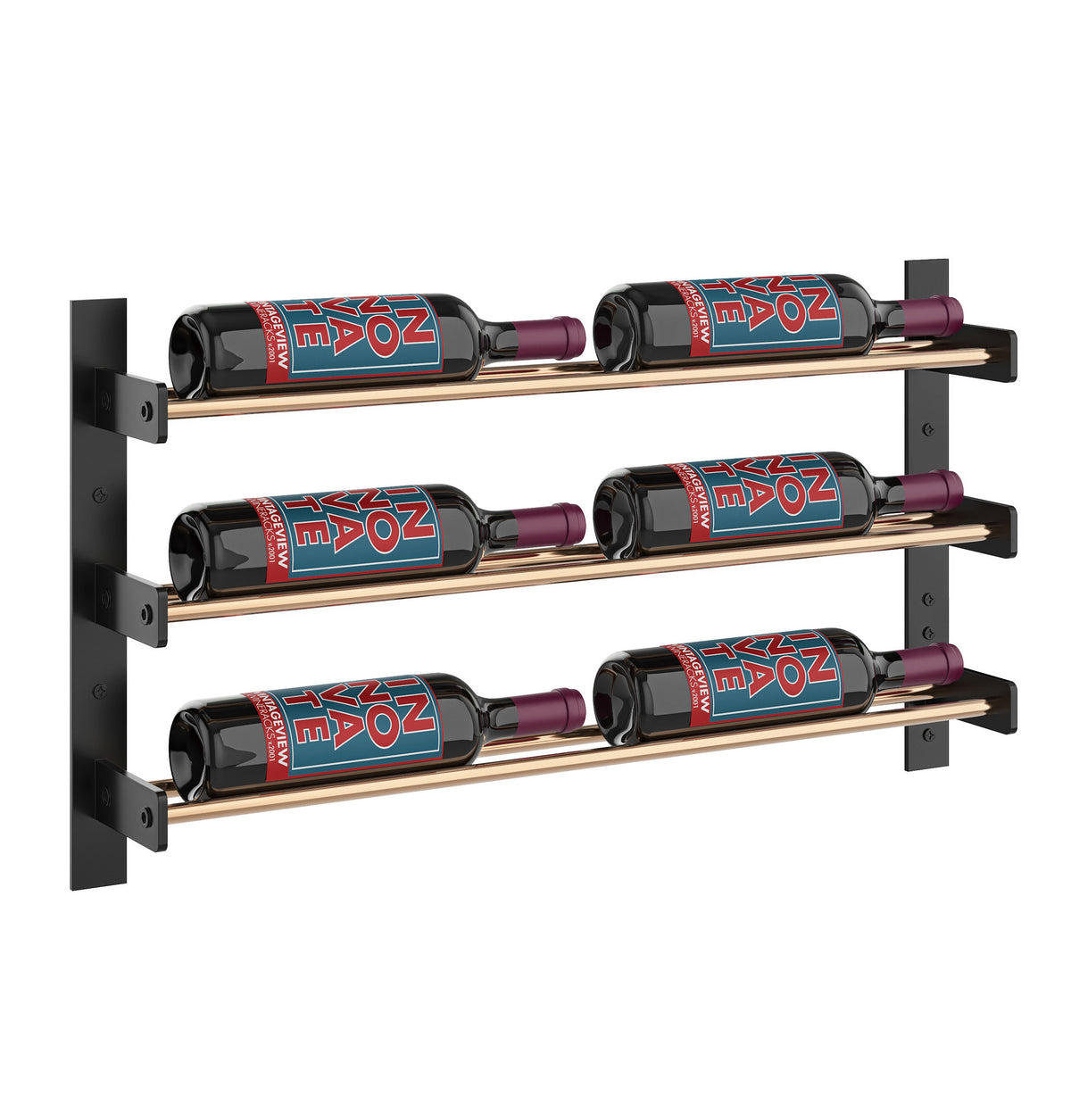 Bronze 2-column wine rack wall with three rows and bottle holding cradles