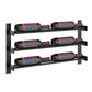 Black wine rack wall unit with three rows holding six bottles