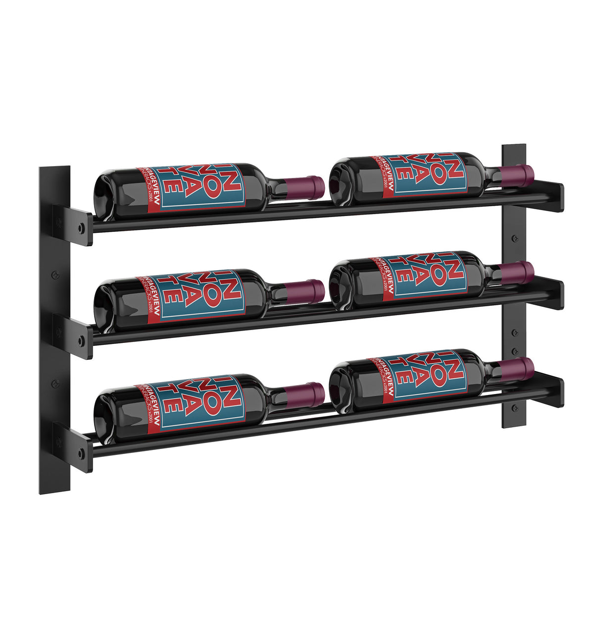 Black wine rack wall unit with three rows holding six bottles