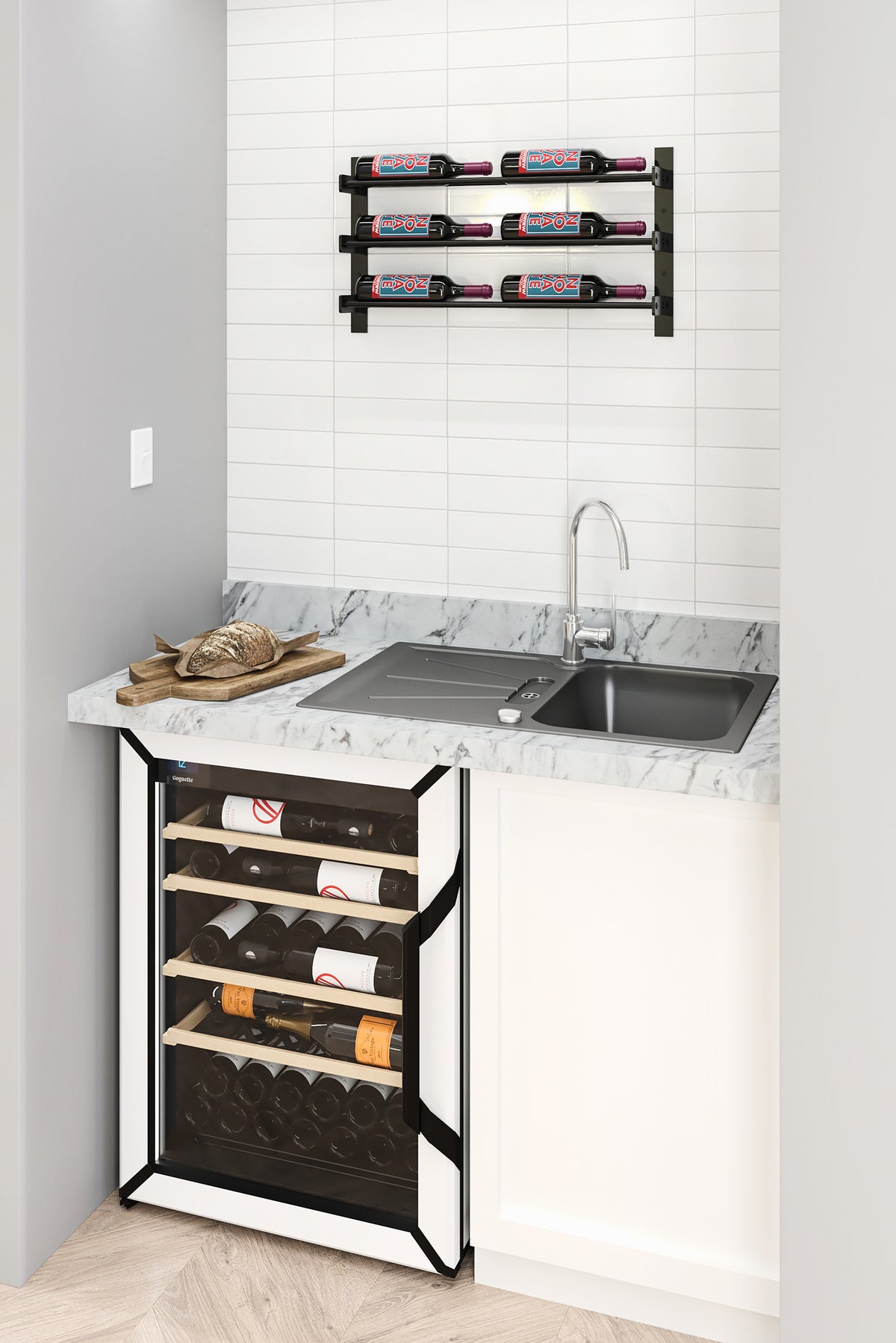 Built-in wine cabinet with two-column racks and multiple bottle slots