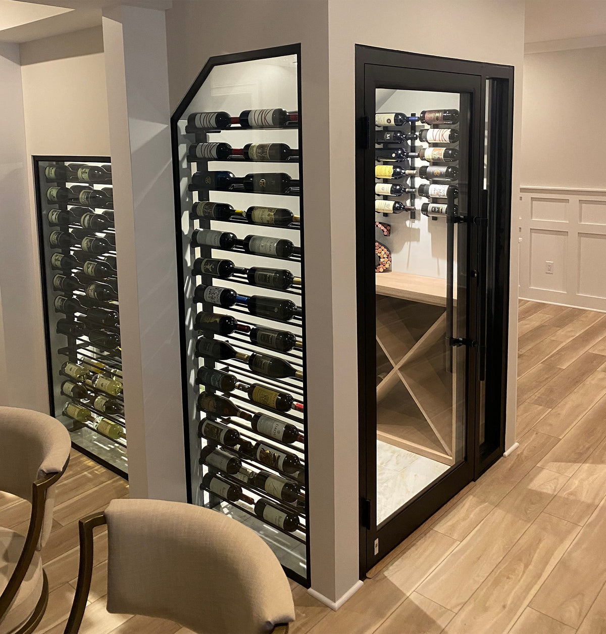 Black 2-column wine wall cabinet with open glass door and multiple bottle slots