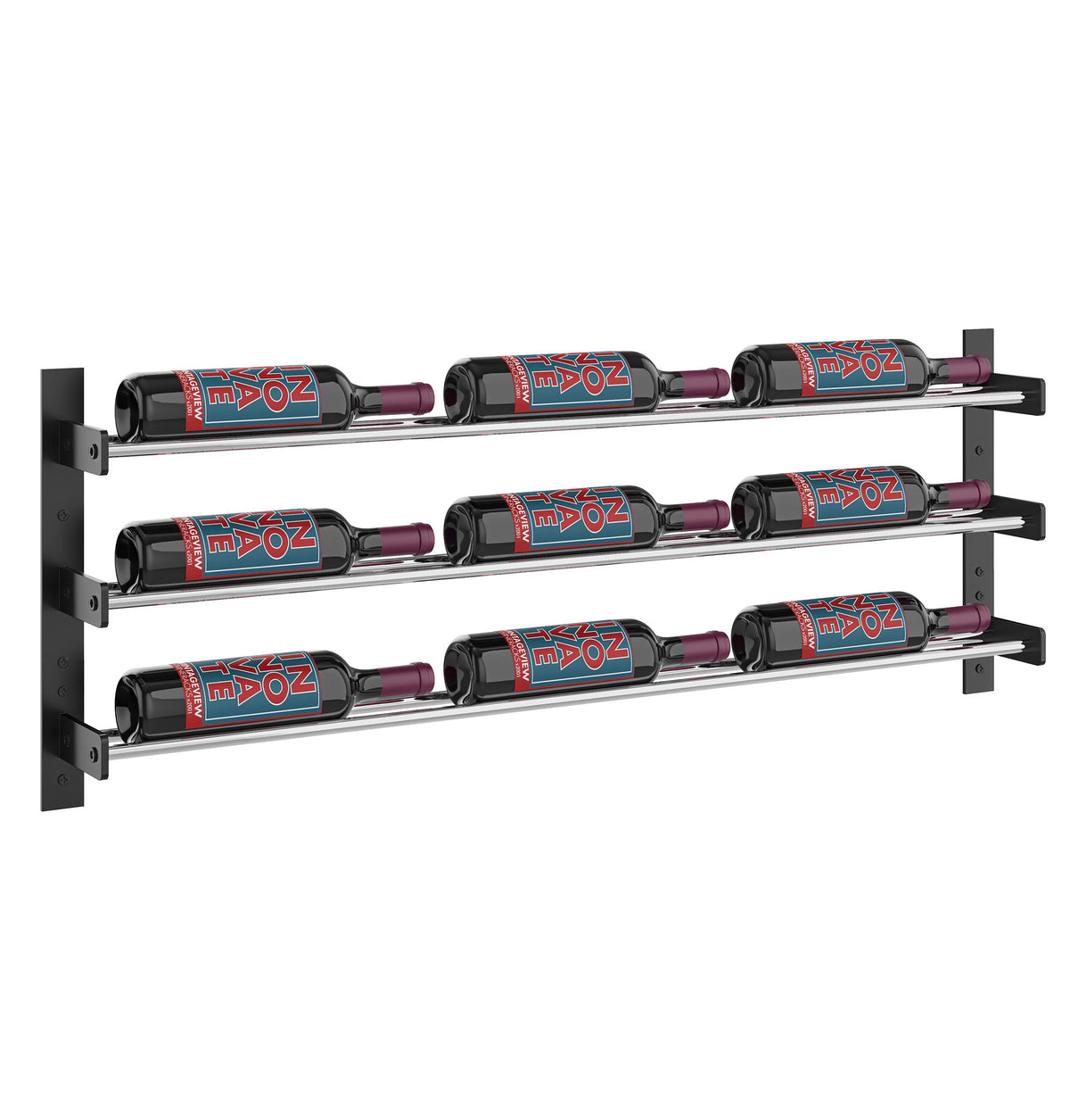 Side view of metal wine bottle rack with three rows and nine capped bottles; silver rails