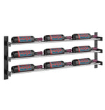 Side view of metal wine bottle rack with three rows and nine capped bottles; silver rails