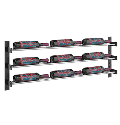 Side view of metal wine bottle rack with three rows and nine capped bottles; silver rails