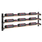 Side view of metal wine bottle rack with three rows and nine capped bottles; bronze rails