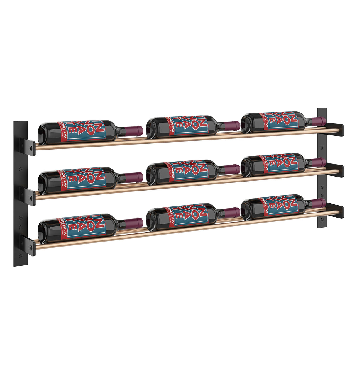 Side view of metal wine bottle rack with three rows and nine capped bottles; bronze rails