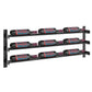 Side view of metal wine bottle rack with three rows and nine capped bottles