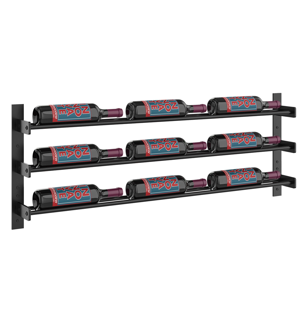 Side view of metal wine bottle rack with three rows and nine capped bottles