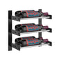 Black wall-mounted wine rack holding three bottles on three metal shelves