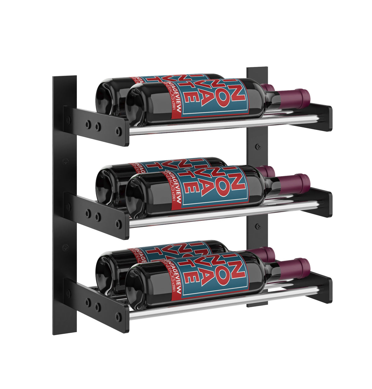 Black wall-mounted wine rack holding three bottles on three metal shelves