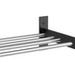 1-column wine wall rack with glossy black frame holding three parallel bottle bars