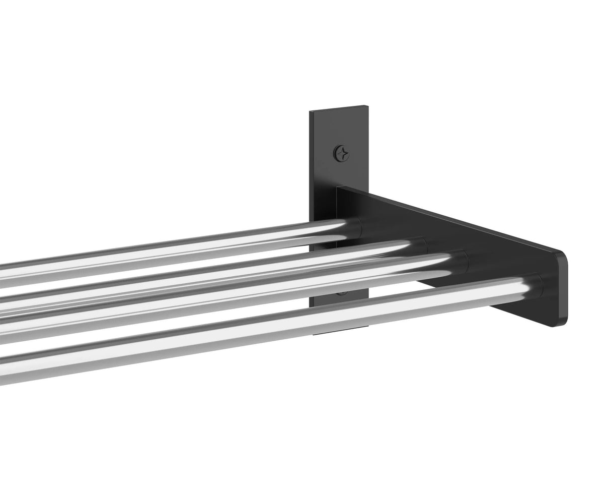 1-column wine wall rack with glossy black frame holding three parallel bottle bars
