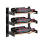 Wine bottle wall rack with black frame and three bottles, two-tone gold shelves
