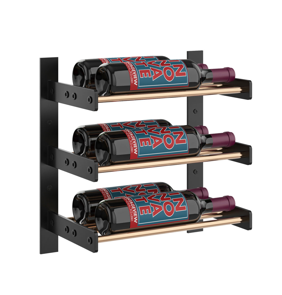 Wine bottle wall rack with black frame and three bottles, two-tone gold shelves