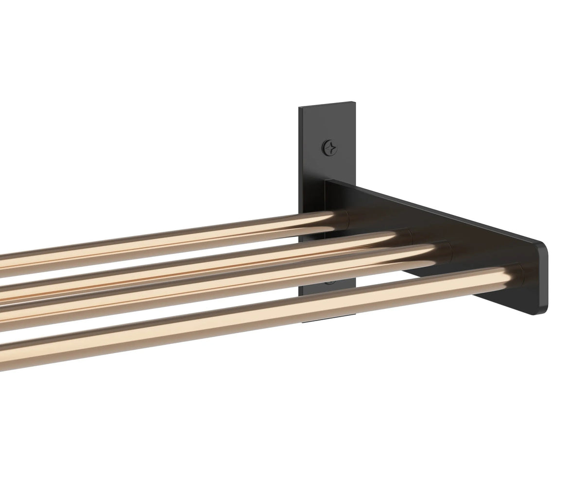 1-column wine wall rack with bronze-toned bars and dark black top support