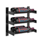 Black wall wine bottle rack with three wine bottles on three horizontal shelves