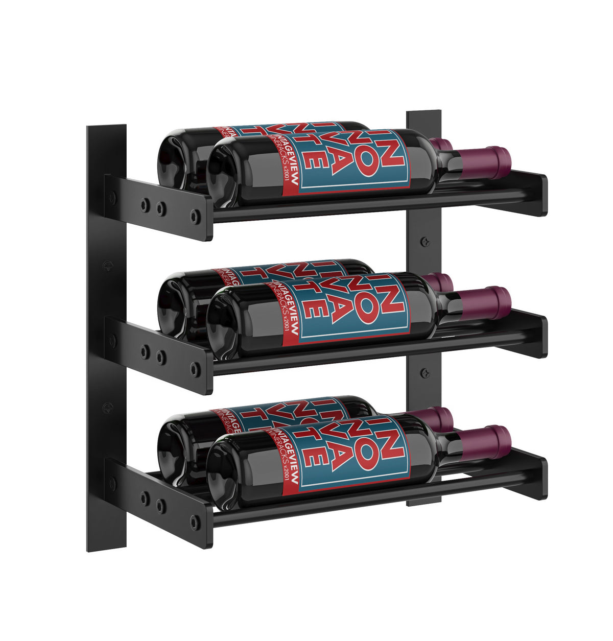 Black wall wine bottle rack with three wine bottles on three horizontal shelves