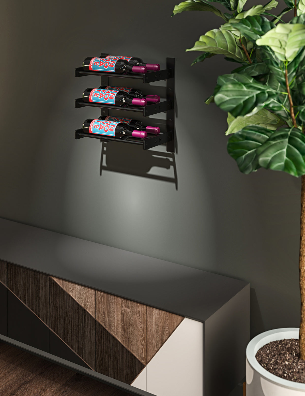 Three-bottle black wine rack wall mount with empty mounting arms visible