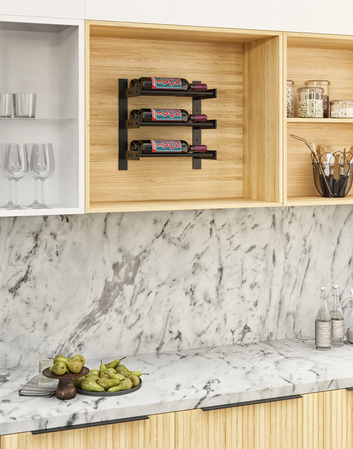 Cabinet wall wine rack with black frame holding three bottles in open cubby