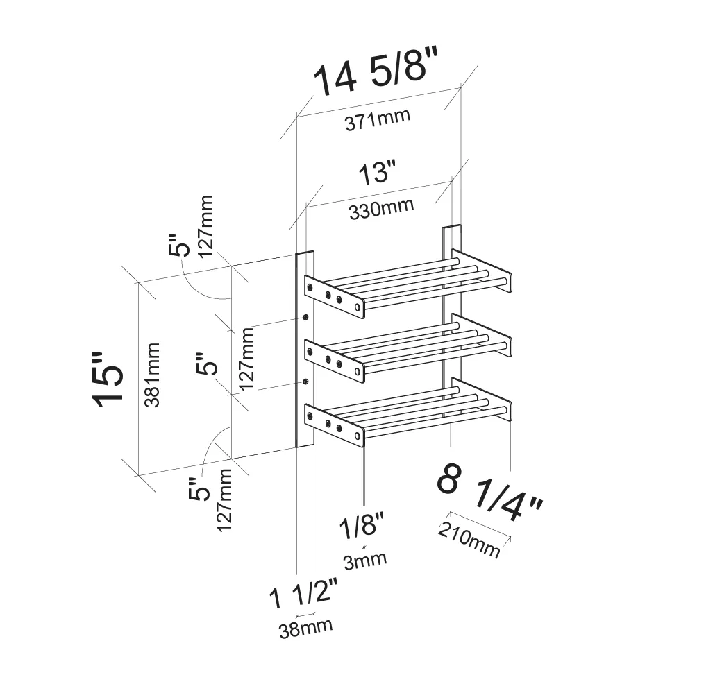 Evolution wine wall 15-inch wall-mount bottle rack with three tier shelves and brackets