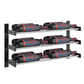 Black wall wine bottle rack with two columns and three rows of labeled bottles