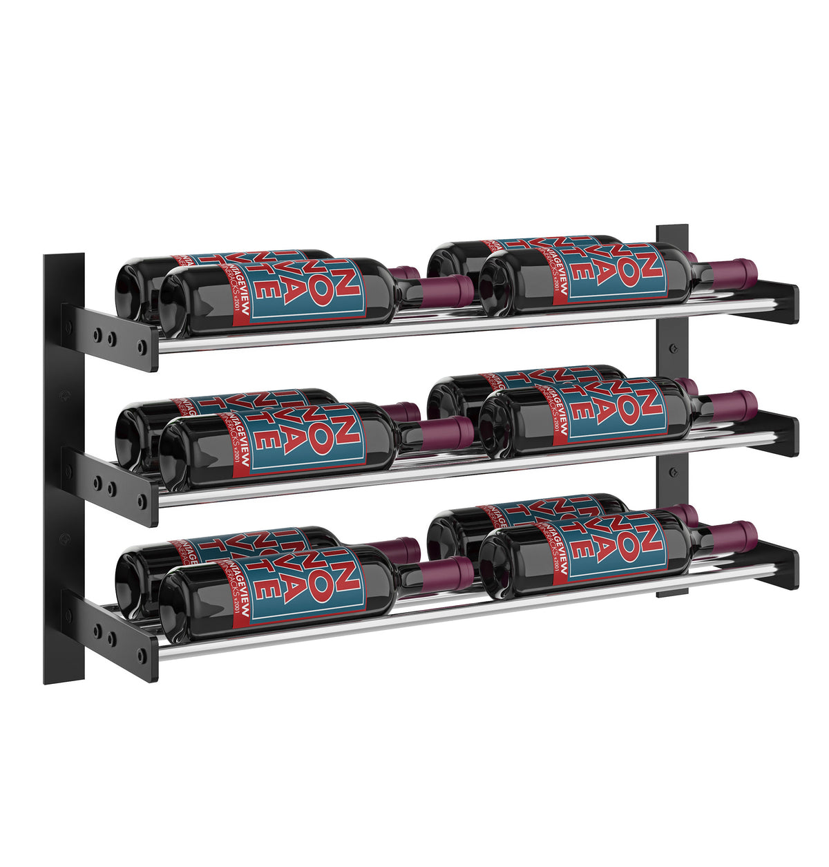 Black wall wine bottle rack with two columns and three rows of labeled bottles