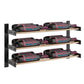 Wine bottle rack with black frame and wood-tone rails holding labeled bottles