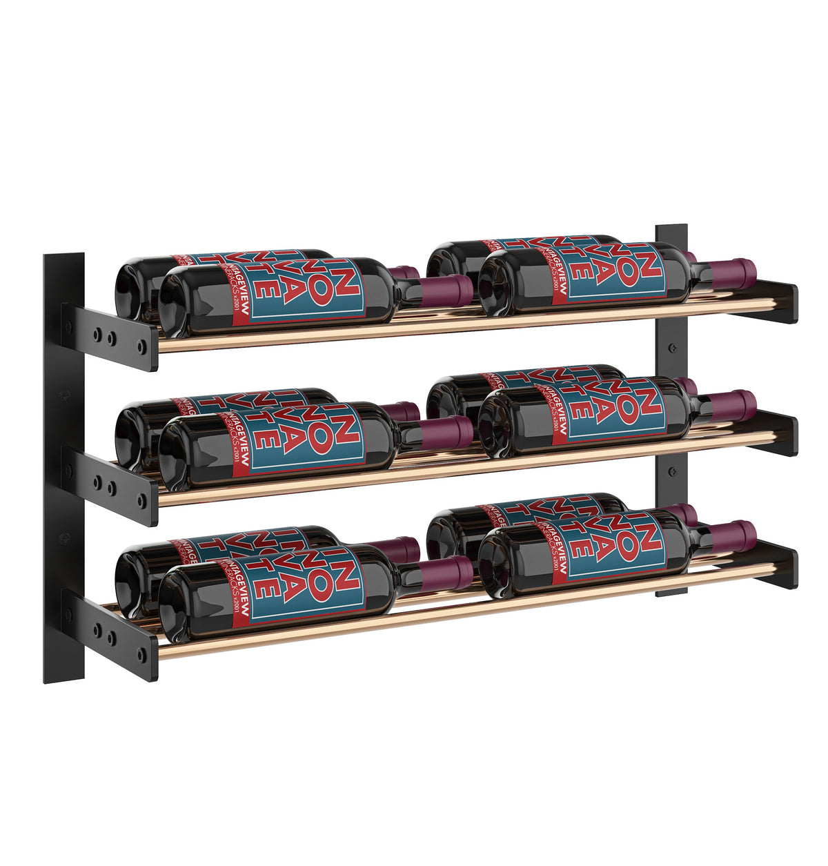Wine bottle rack with black frame and wood-tone rails holding labeled bottles