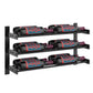 Wall-mounted wine bottle display rack with black frame and multiple bottles per row