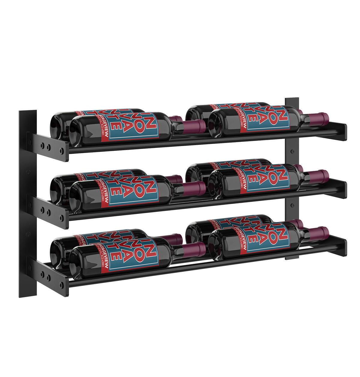 Wall-mounted wine bottle display rack with black frame and multiple bottles per row