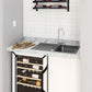 Kitchen wall wine bottle rack with black frame and bottles on three horizontal rails