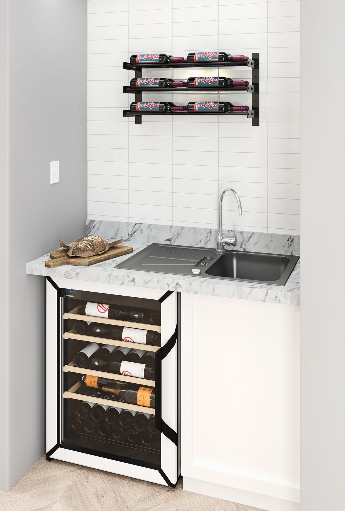 Kitchen wall wine bottle rack with black frame and bottles on three horizontal rails