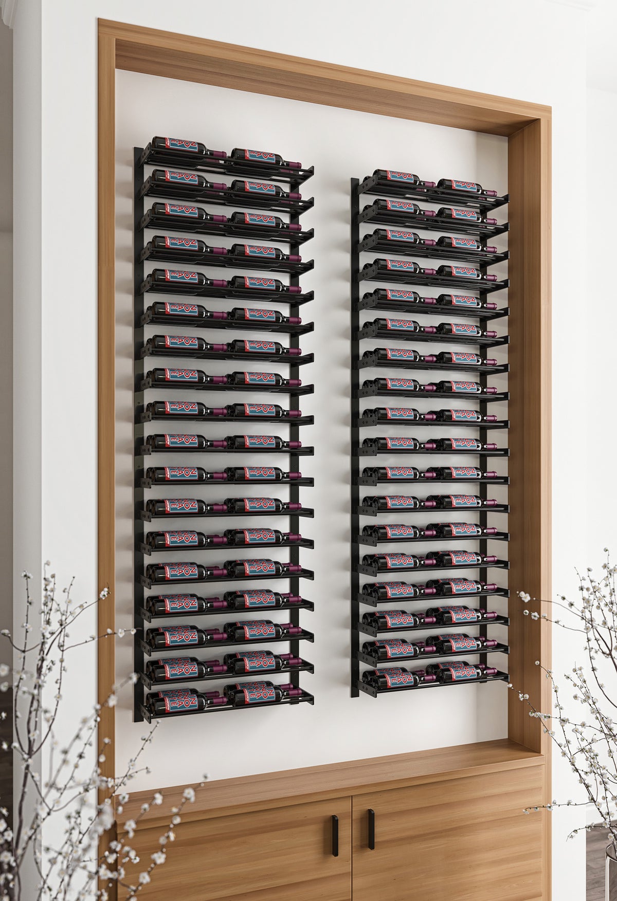 Wine bottle rack with black rails inside open wooden door cabinet, rows of bottles
