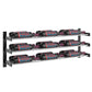Metal wine bottle rack with three rows of capped bottles; black frame, chrome-like rails
