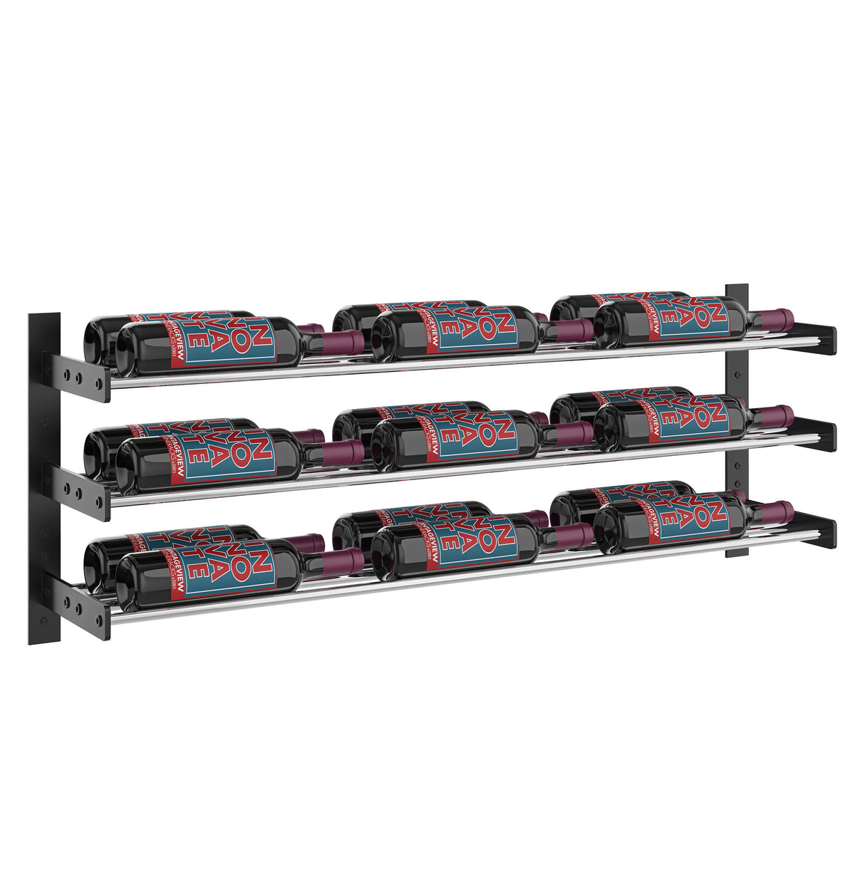 Metal wine bottle rack with three rows of capped bottles; black frame, chrome-like rails